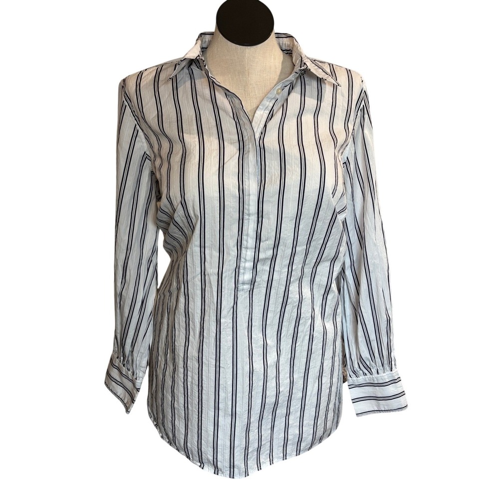 LRL Womens 2XL White Blue Stripe Button Down Shirt Plus Size 2X Tall Tunic